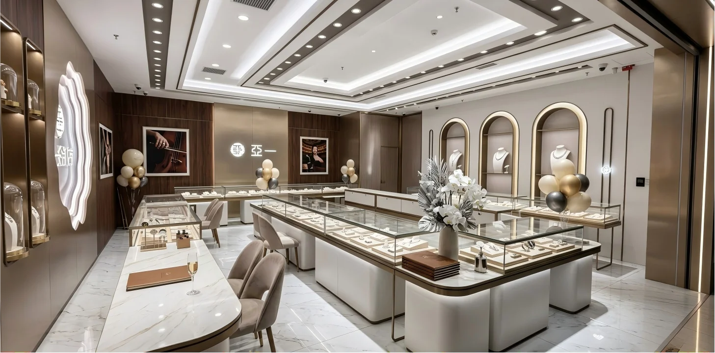 Luxury Minimalist Jewelry Store Design | Champagne Gold & Glass Retail Fixtures | Modular Display for High-End Boutique