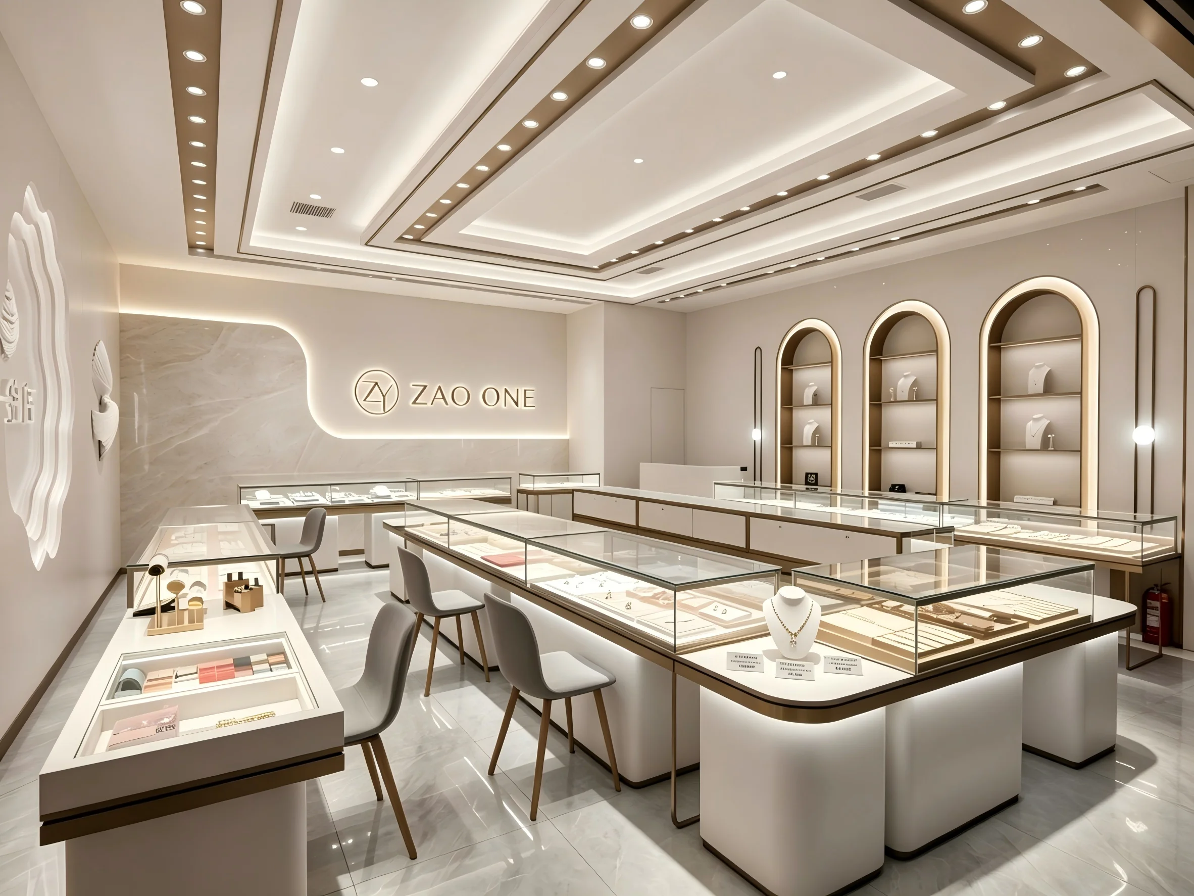 Luxury Minimalist Jewelry Store Design | Champagne Gold & Glass Retail Fixtures | Modular Display for High-End Boutique