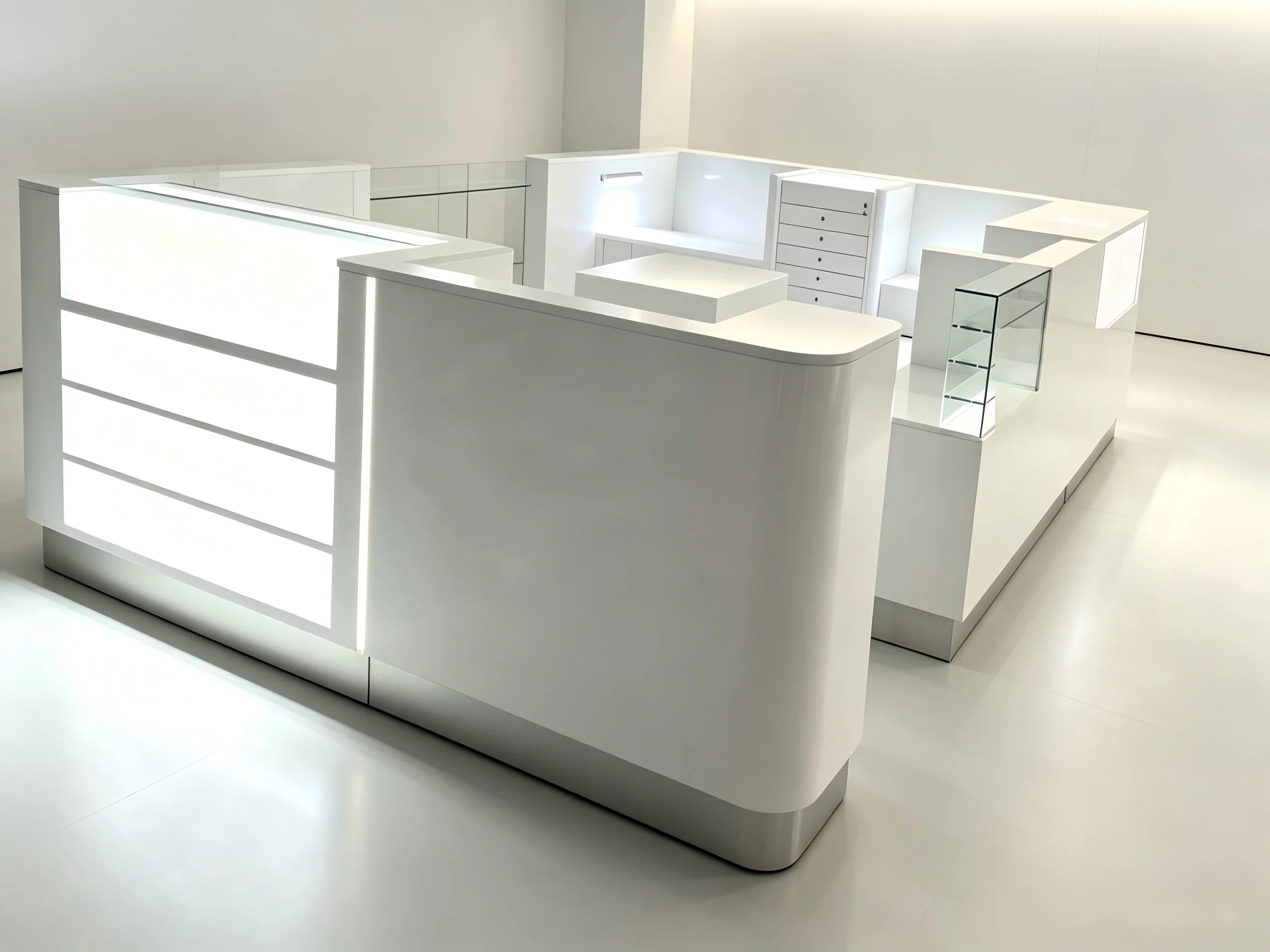 Modern Nail Salon Kiosk Interior Fit Out | Custom LED Manicure Tables Acrylic Glass Stainless Steel Nail Bar Furniture
