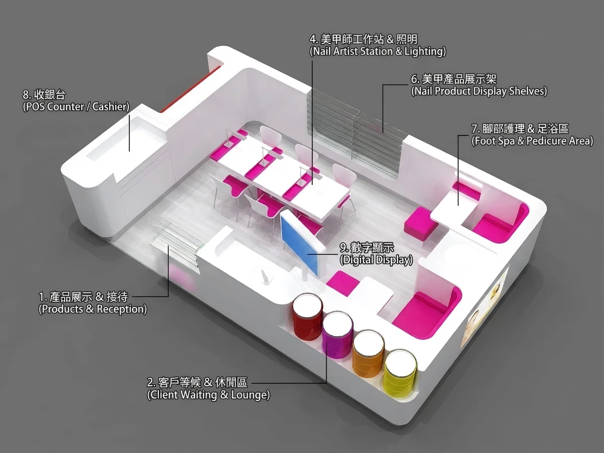 Modern Nail Salon Kiosk Interior Fit Out | Custom LED Manicure Tables Acrylic Glass Stainless Steel Nail Bar Furniture