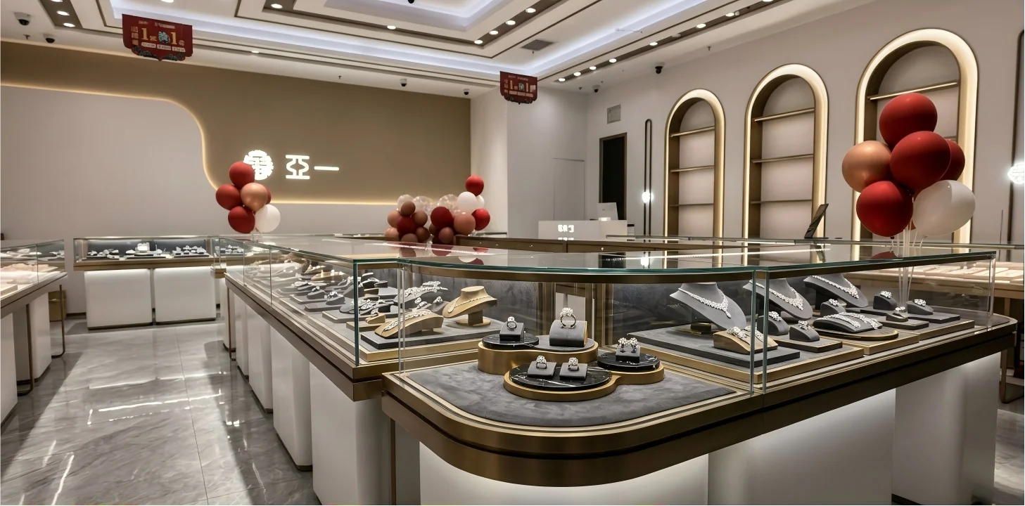 Luxury Minimalist Jewelry Store Design | Champagne Gold & Glass Retail Fixtures | Modular Display for High-End Boutique