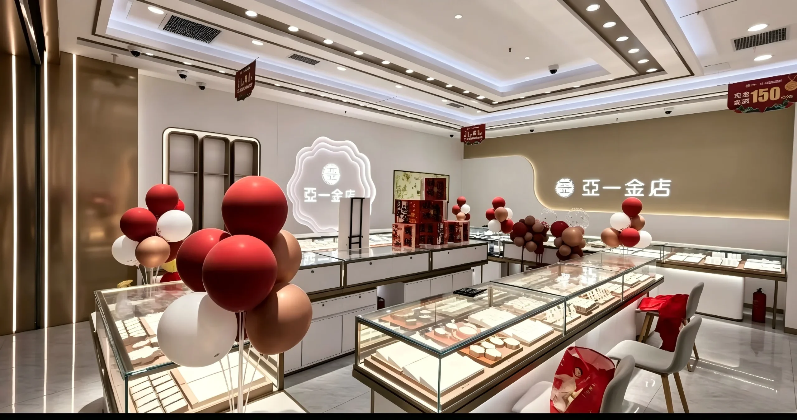 Luxury Minimalist Jewelry Store Design | Champagne Gold & Glass Retail Fixtures | Modular Display for High-End Boutique