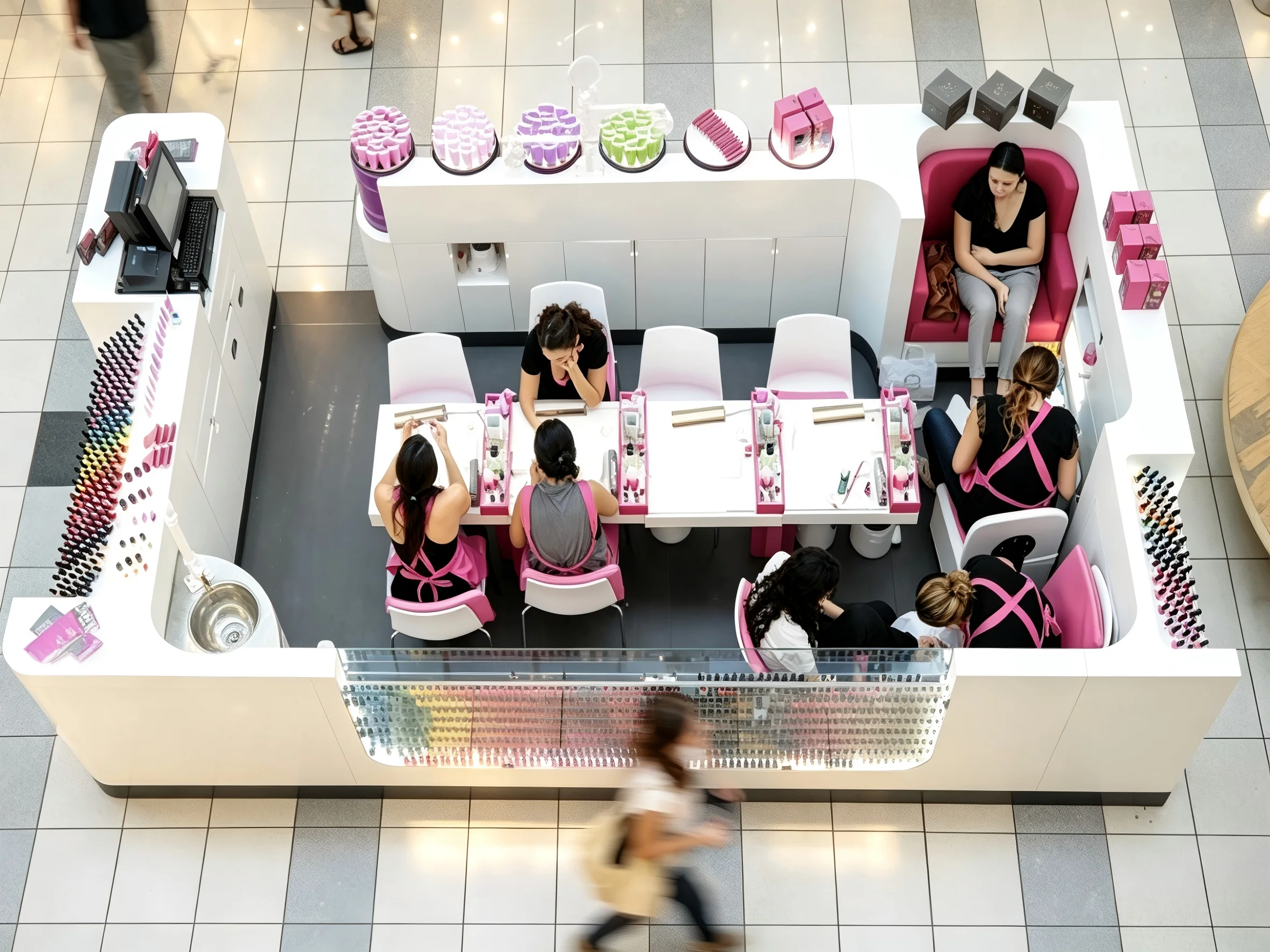 Modern Nail Salon Kiosk Interior Fit Out | Custom LED Manicure Tables Acrylic Glass Stainless Steel Nail Bar Furniture