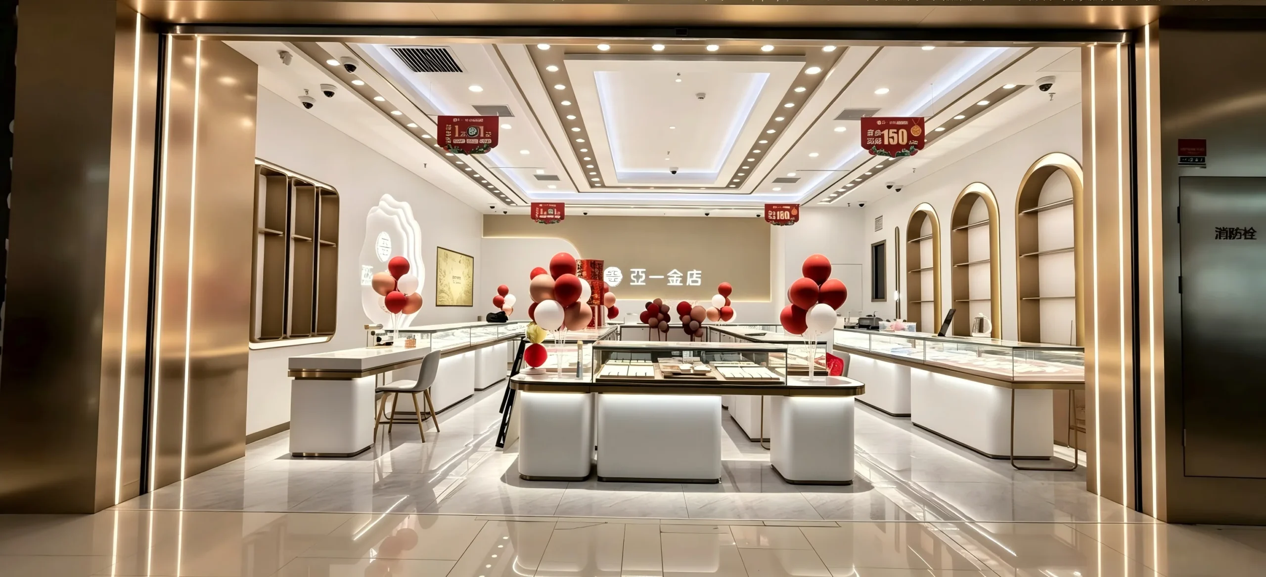 Luxury Minimalist Jewelry Store Design | Champagne Gold & Glass Retail Fixtures | Modular Display for High-End Boutique