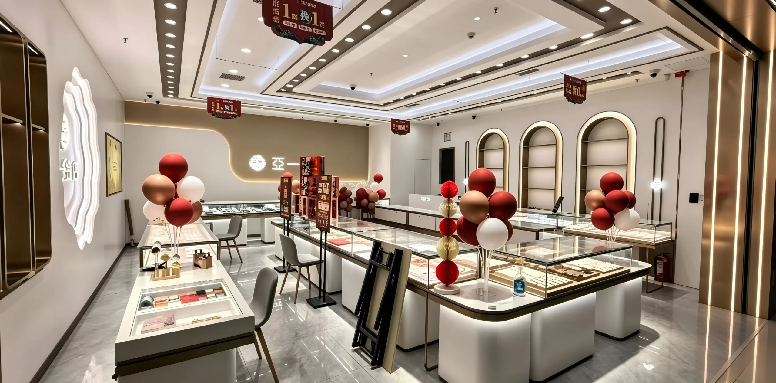 Luxury Minimalist Jewelry Store Design | Champagne Gold & Glass Retail Fixtures | Modular Display for High-End Boutique